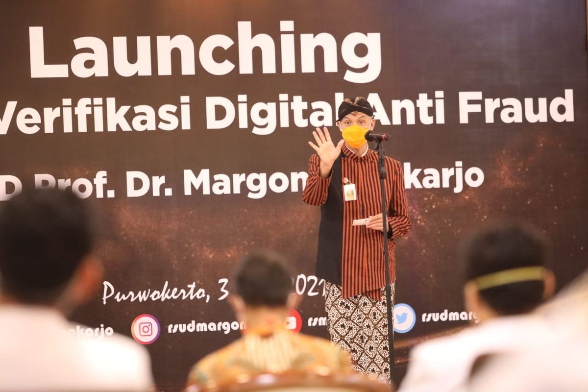 Gubernur Jawa Tengah (Jateng) Ganjar Pranowo saat menghadiri launching aplikasi anti-fraud yang diluncurkan Rumah Sakit Umum Daerah (RSUD) Margono Soekarjo Purwokerto.