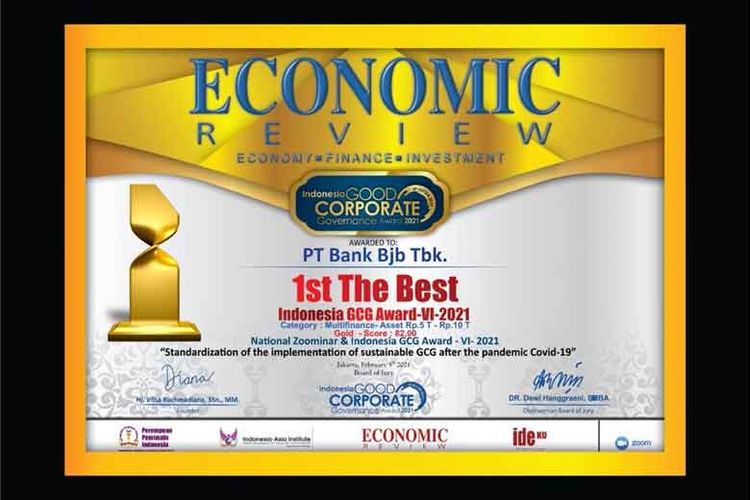 BJB meraih penghargaan 1st The Best Indonesia GCG Award VI 2021 Kategori BPD BUKU 3 Public Company. 