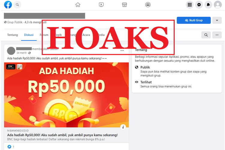 Tangkapan layar unggahan dengan narasi hoaks di sebuah akun Facebook, Senin (26/9/2022), soal tautan yang menawarkan hadiah Rp 50.000 mengatasnamakan Bank Neo Commerce.