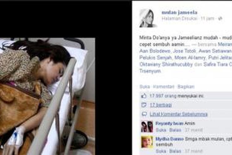 Mulan Jameela memajang foto dirinya tengah terbaring sakit dalam akun Facebook miliknya, Rabu (25/2/2015).