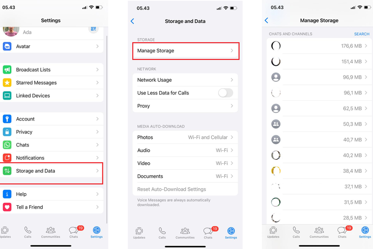 Ilustrasi cara melihat nomor yang sering dihubungi  di WhatsApp melalui penyimpanan data WhatsApp.