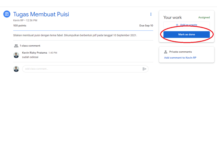 Cara menandai tugas sebagai selesai di Google Classroom.