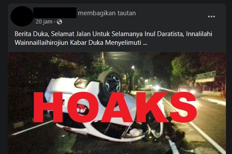 Kabar duka meninggalnya artis dangdut Inul Daratista beredar di Facebook. Dari penelusuran Tim Cek Fakta Kompas.com, kabar tersebut tidak benar alias hoaks.