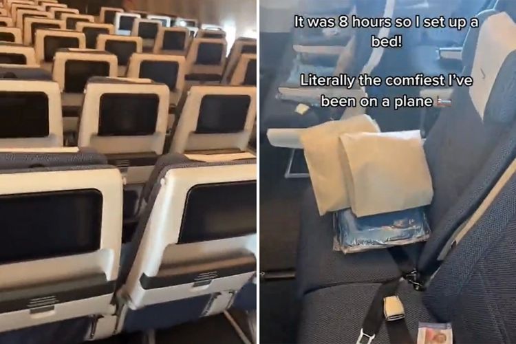 Tangkapan layar dari video TikTok Kai Forsyth yang menunjukkan dia satu-satunya penumpang di pesawat, sehingga bisa bebas rebahan bahkan makan gratis sebanyak yang dia mau.