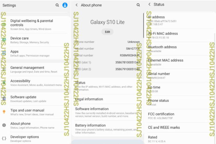 Halaman pengaturan ponsel Galaxy S10 Lite 