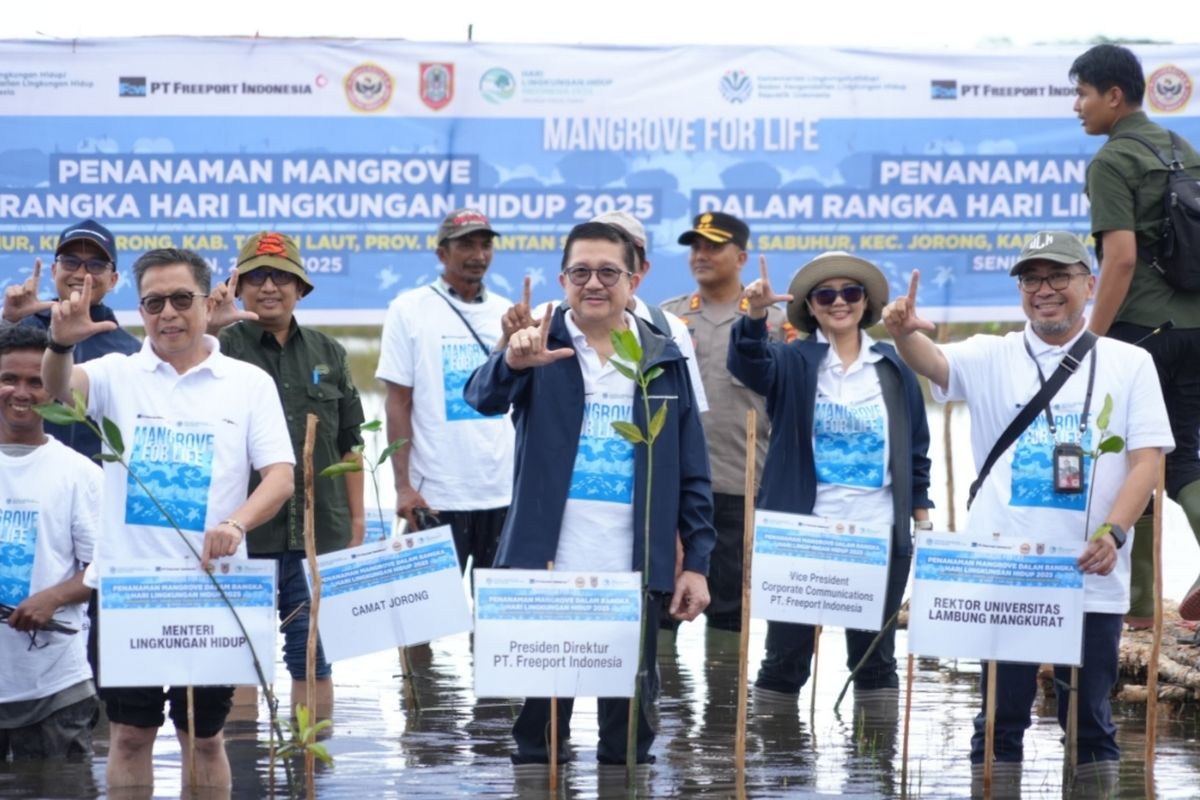 PT Freeport Indonesia (PTFI) bersama Kementerian Lingkungan Hidup dan Kehutanan (KLHK) dan Universitas Lambung Mangkurat (ULM) menanam mangrove di Desa Sabuhur, Kecamatan Jorong, Kabupaten Tanah Laut, Kalimantan Selatan.