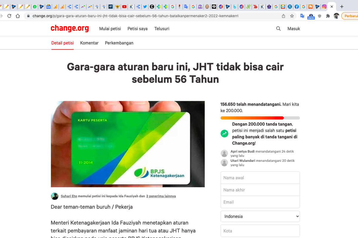 Tangkapan layar petisi di Change.org yang menolak JHT cair di usia 56 tahun