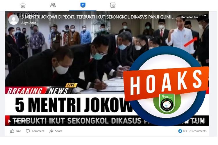 Tangkapan layar Facebook narasi yang menyebut Jokowi memecat lima menteri karena bersekongkol dengan Panji Gumilang