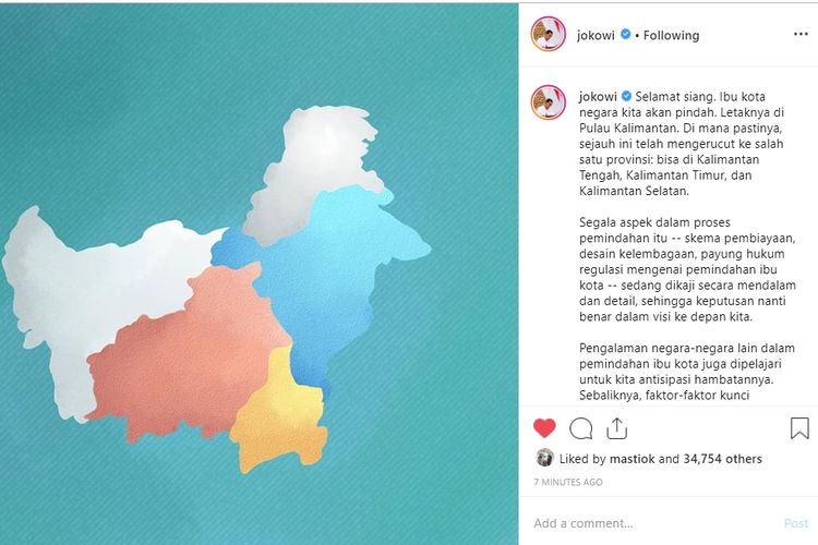 Tulisan Presiden Joko Widodo terkait rencana pemindahan ibu kota negara yang diunggah ke akun Instagram resminya, Kamis (8/8/2019).