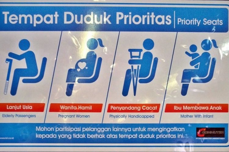 Tempat duduk prioritas di kereta untuk lanjut usia, wanita hamil, penyandang cacat, dan ibu membawa anak