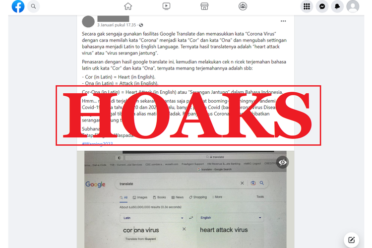 Tangkapan layar unggahan dengan narasi hoaks di sebuah akun Facebook, Selasa (3/1/2023), mengenai terjemahan Google virus corona adalah virus serangan jantung. 