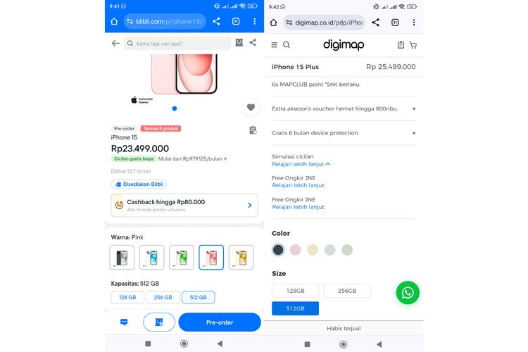 Ilustrasi iPhone 15 dan iPhone 15 Plus yang masih tersedia di Blibli dan Digimap.