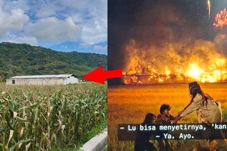 Bangunan Polsek Wanirejo yang Terbakar di Film Abadi Nan Jaya (kanan) dan Lokasinya Sekarang (kiri) di Srimuyo, Piyungan, Bantul, Yogyakarta, Rabu (29/10/2025).