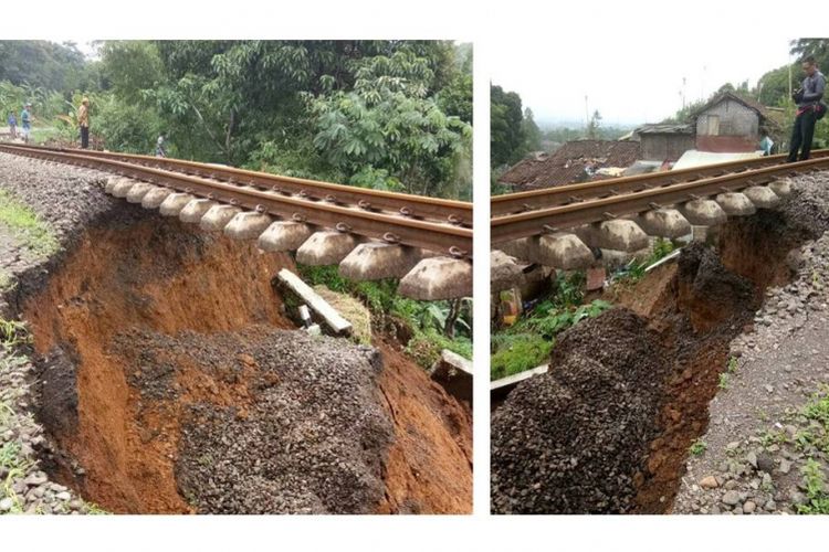 Rel kereta api Bogor-Sukabumi menggantung karena pondasi longsor di Desa Warung Menteng, Kecamatan Cijeruk, Kabupaten Bogor.