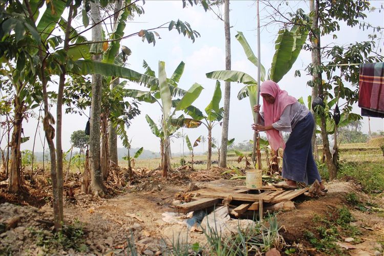 Seorang warga tengah mengambil air di lobang sedalam 4 meter di tengah areal pesawahan di Kampung Pasanggrahan, Desa Cimanggu, Kec. Cibeber, Kab. Cianjur, Jawa Barat akibat krisis air bersih di wilayah tersebut.