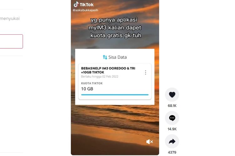 Tangkapan layar unggahan pelanggan Indosat perihal bonus kuota TikTok hingga 10 GB.