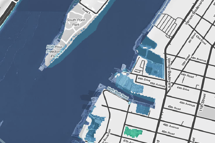 Perkiraan wilayah yang akan tergenang banjir pada 2050 di Long Island