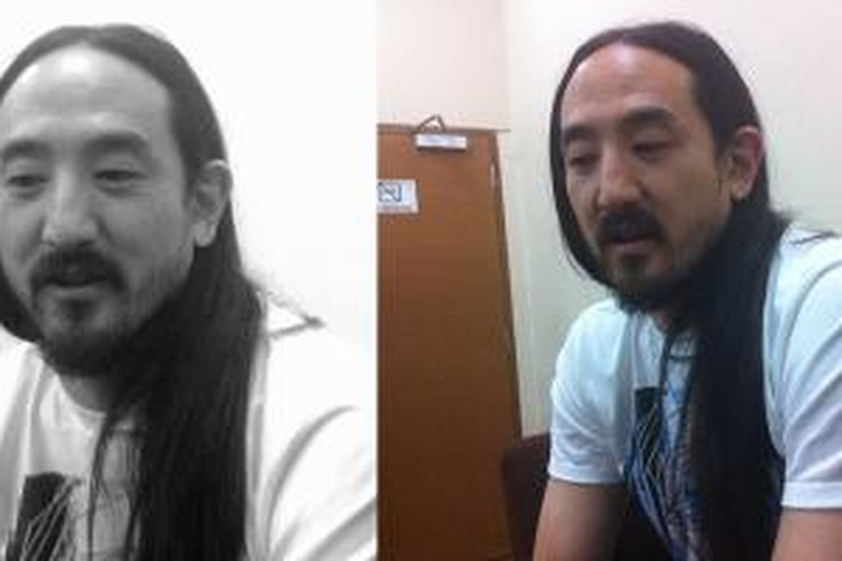 Steve Aoki sedang menjawab pertanyaan-pertanyaan dari para wartawan di Kuningan, Jakarta Selatan, Jumat (08/05/2015).