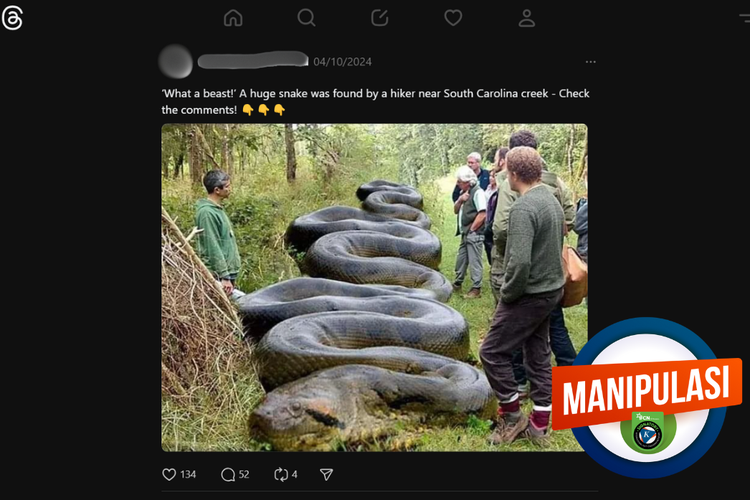 Tangkapan layar konten manipulasi di sebuah akun Threads, Jumat (10/5/2024), menampilkan foto ular anaconda raksasa di Carolina Selatan.