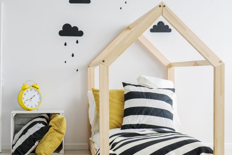 Ilustrasi kamar tidur anak dengan desain minimalis.