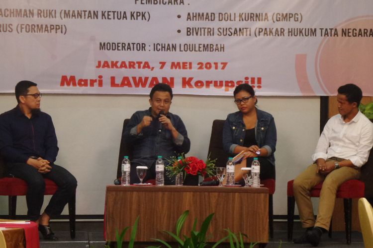 Diskusi Jaringan Masyarakat Antikorupsi di Hotel Puri Denpasar, Jakarta, Minggu (7/5/2017).