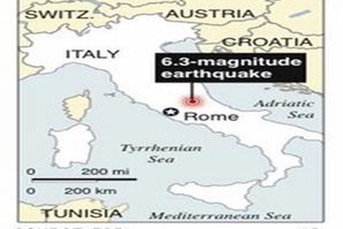Lokasi pusat gempa berkekuatan 6,3 skala Richter di Italia