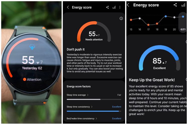 Samsung Galaxy Watch 7 punya fitur Energy Score. Fitur Energy Score mencerminkan tingkat energi pengguna yang dihitung berdasarkan kualitas tidur, detak jantung ketika tidur, dan aktivitas fisik yang dilakukan di hari sebelumnya.