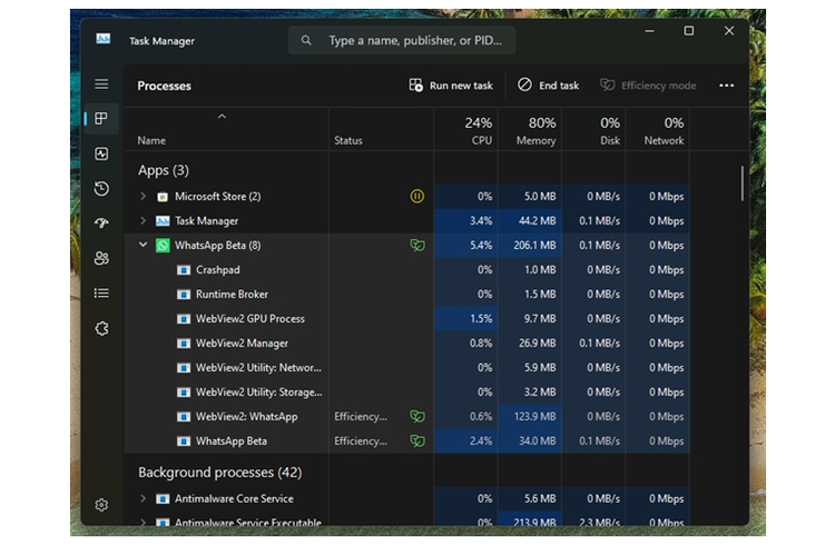 Kalau kamu penasaran apakah WhatsApp milikmu sudah menggunakan WebView2, cukup buka Task Manager di Windows 11.