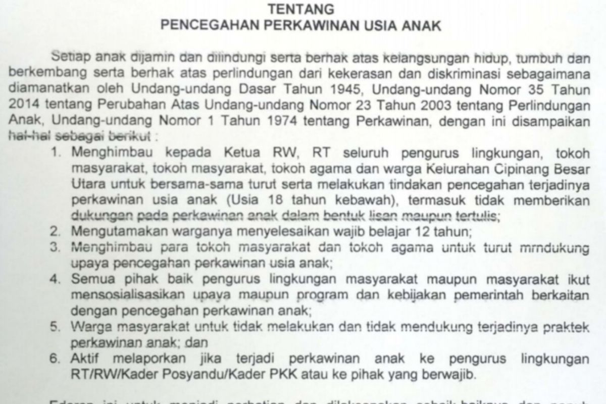 Surat edaran pencegahan perkawinan anak di Cipinang Besar Selatan