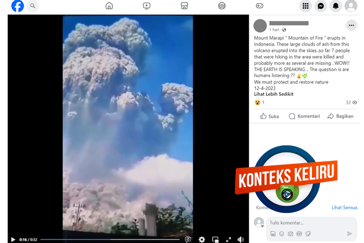 Tangkapan layar unggahan dengan konteks keliru di sebuah akun Facebook, Senin (4/12/2023), soal video Gunung Sinabung keliru dikira Gunung Marapi.