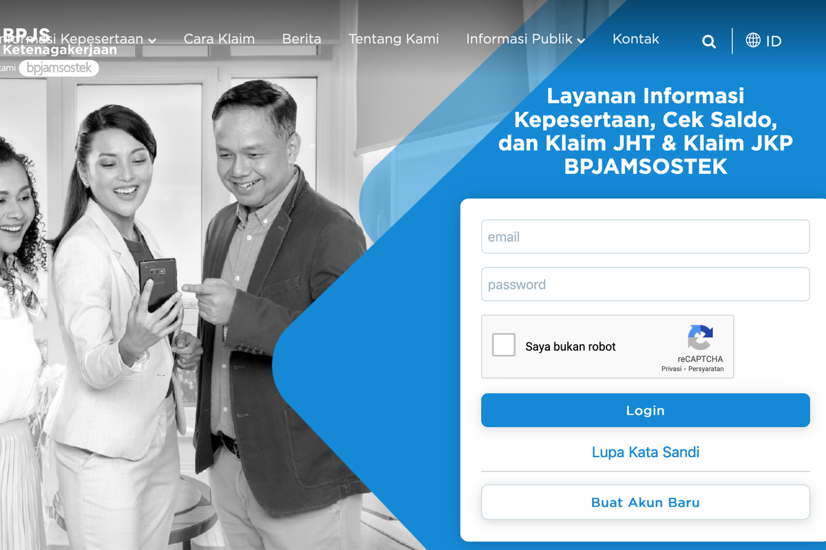 Tampilan website sso.bpjsketenagakerjaan.go.id untuk download kartu BPJS Ketenagakerjaan digital.