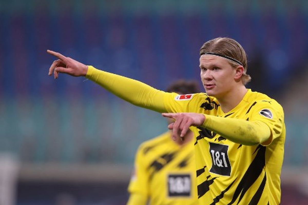 Erling Braut Haaland pada laga pekan ke-15 kasta teratas Liga Jerman, Bundesliga, yang mempertemukan RB Leipzig vs Dortmund di Red Bull Arena, Minggu (10/1/2021) dini hari WIB.