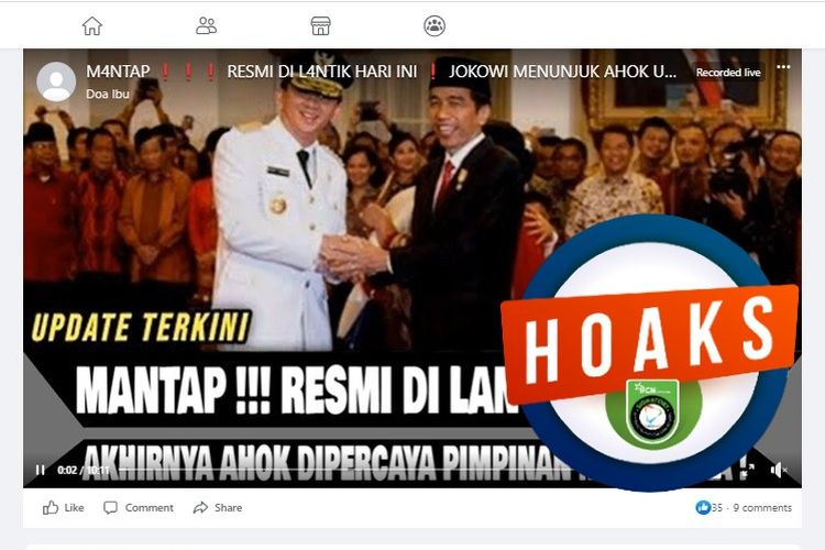 Tangkapan layar Facebook narasi yang menyebut Jokowi melantik Ahok sebagai sebagai Kepala IKN