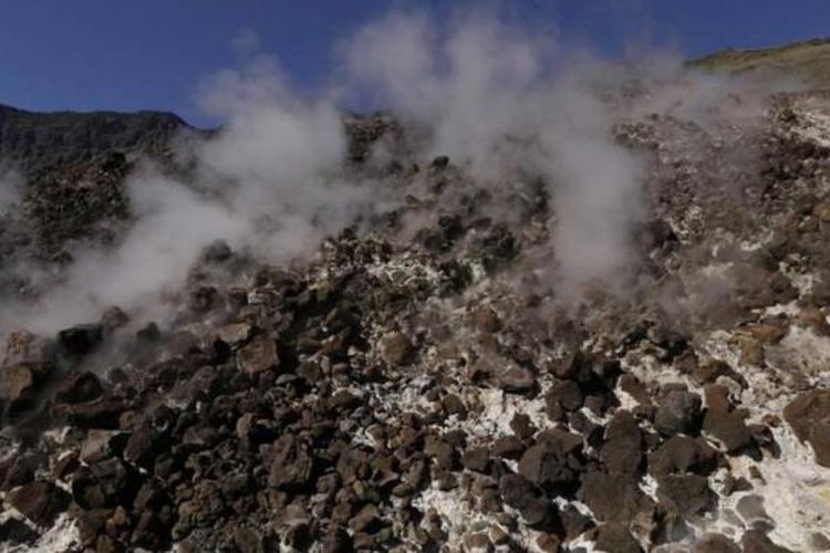 Asap solfatara keluar dari Doro Afi Toi atau gunung api kecil yang tumbuh di dasar kaldera Gunung Tambora di Dompu, Nusa Tenggara Barat, 25 Agustus 2014. Gunung Tambora meletus dahsyat pada 10 April 1815 menyisakan kaldera seluas 7 kilometer dengan kedalaman 1 kilometer.