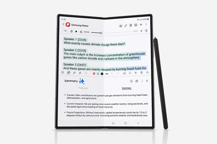 Note Assist pada aplikasi Samsung Notes kini mendukung fitur transkrip untuk rekaman suara. Jadi, pengguna bisa mengimpor rekaman suara ke aplikasi Notes. Kemudian, Galaxy AI akan mentranskrip, menerjemahkan, dan meringkas rekaman suara langsung di Notes.