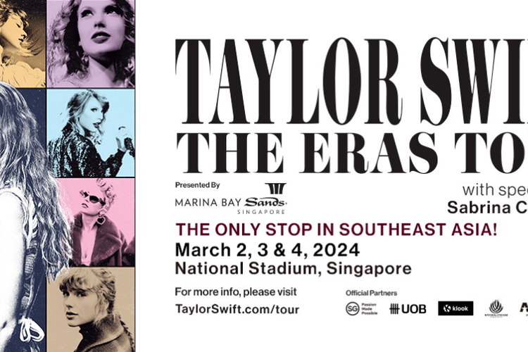 Poster konser Taylor Swift The Eras Tour di Singapura. Simak harga dan cara beli tiketnya mulai hari ini.