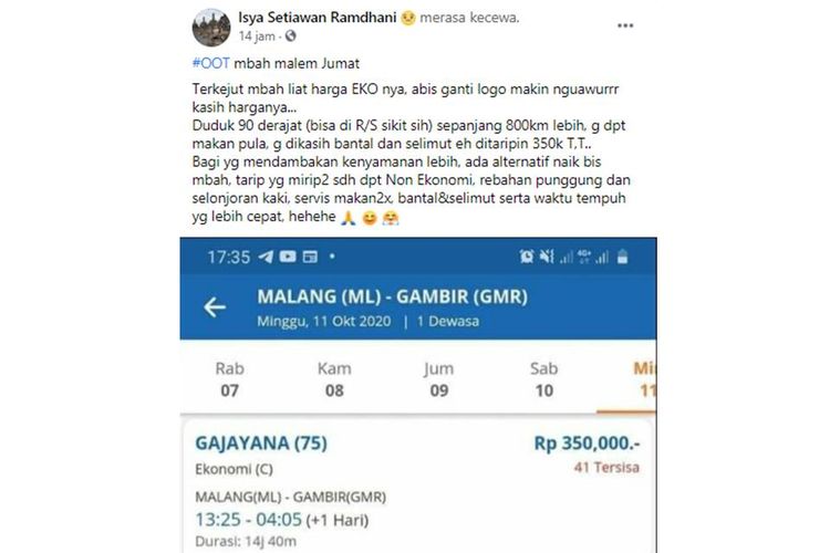 Tangkapan layar unggahan yang bernarasikan harga tiket kereta api kelas ekonomi semakin ngawur semenjak PT KAI mengganti logo baru.