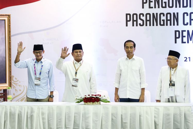 Dua pasangan capres dan cawapres, Joko Widodo-Maruf Amin dan Prabowo Subianto-Sandiaga Uno.