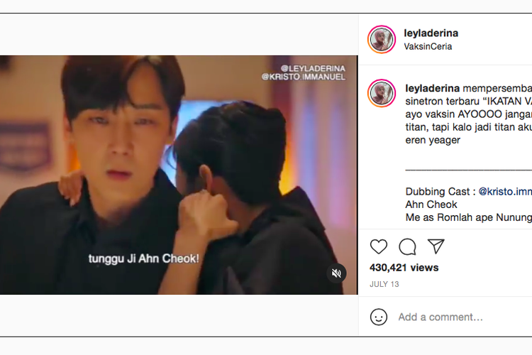 Tangkapan layar unggahan Instagram Leyla Aderina yang memperlihatkan video parodi dubbing drama The Penthouse jadi Ikatan Vaksin