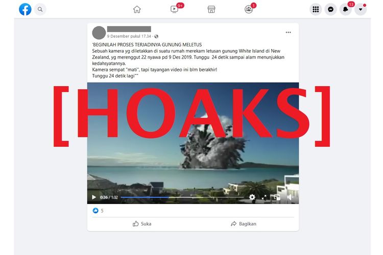 Tangkapan layar hoaks di Facebook, tentang video letusan gunung berapi di White Island pada 9 Desember 2019.