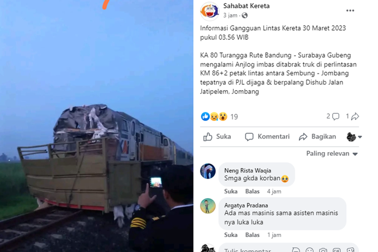 Tangkapan layar unggahan KA Turangga tertemper truk di Jombang, Jawa Timur.