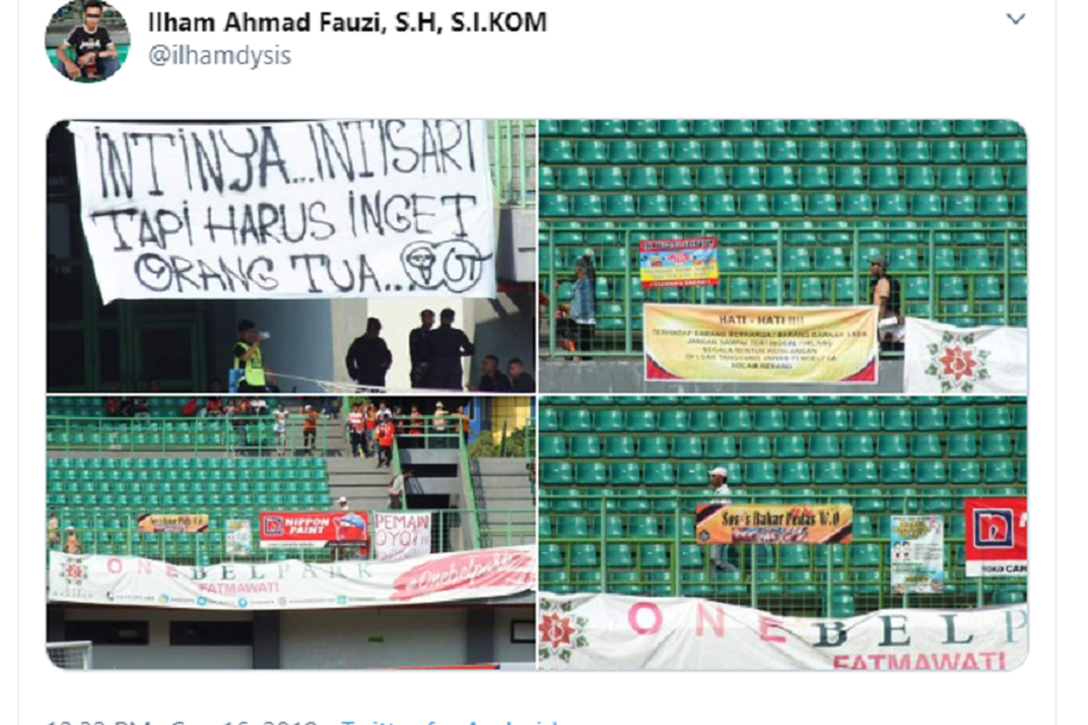 Aneka spanduk lucu dan unik yang dipasang para The Jakmania saat pertandingan Persija vs PSIS di Stadion Patriot, Bekasi, Minggu (16/9/2019).