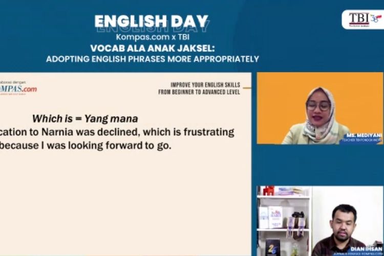 Webinar English Day ?Vocab ala Anak Jaksel: Adopting English Phrases More Appropriately? persembahan TBI dan Kompas.com yang dilaksanakan pada Rabu (25/8/22).