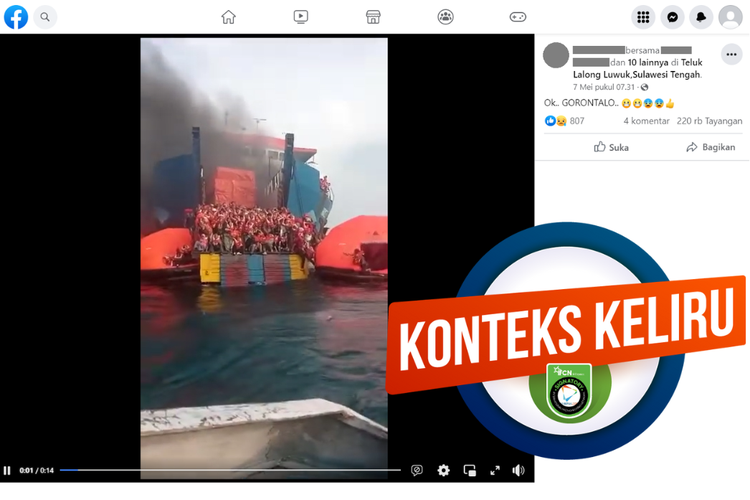 Tangkapan layar unggahan salah konteks di sebuah akun Facebook, Minggu (7/5/2023), soal video kebakaran kapal di tengah laut dengan keterangan lokasi Gorontalo.