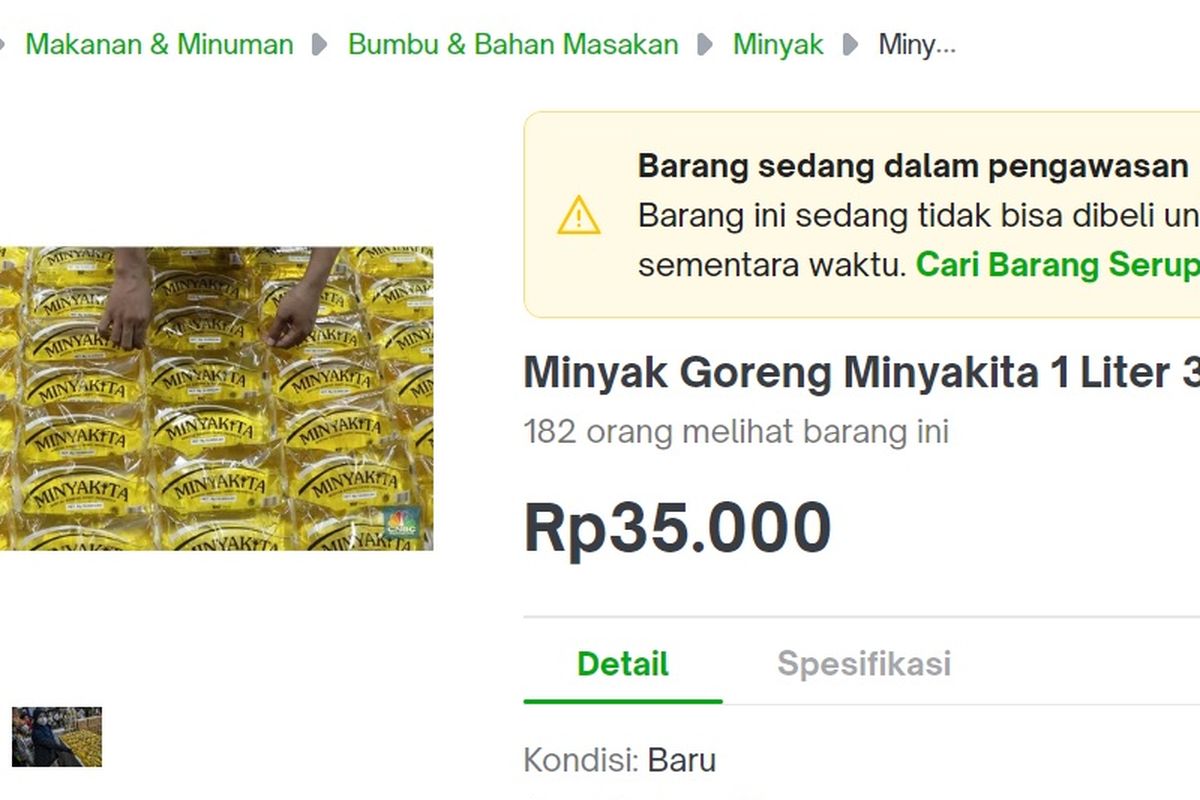 Tangkapan layar Minyakita dijual Rp 35.000 per liter di e-commerce, padahal harga jual aslinya Rp 14.000 per liter. 