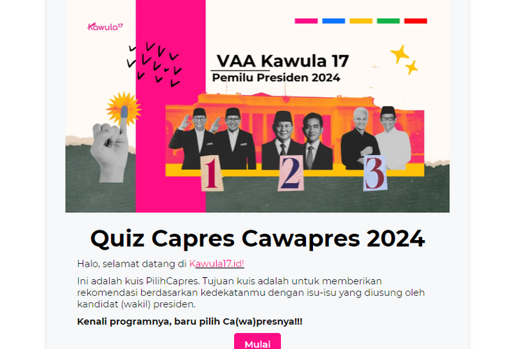 Tangkapan layar kuis capres-cawapres Kawula17 untuk membantu menentukan pilihan pasangan calon dalam Pilpres 2024