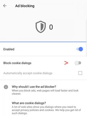 Opsi memblokir cookies di dalam menu settings peramban Opera untuk Android. 