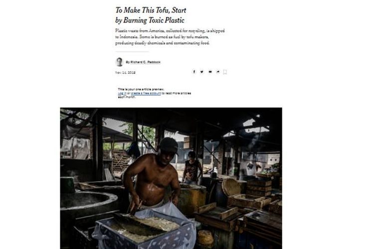 Pemberitaan New York Times mengenai penggunaan limbah plastik sebagai bahan bakar.