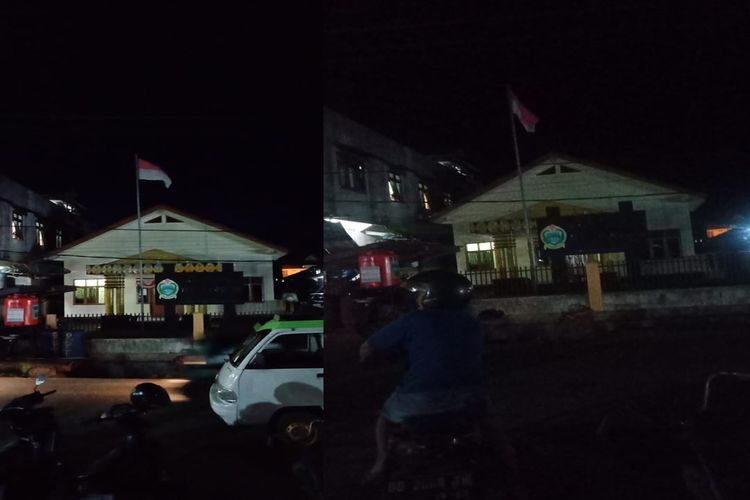 Bendera Merah Putih dibiarkan berkibar hingga malam hari pada hari Selasa (12/01/2021) di halaman Kantor UPT Cipta Karya Provinsi Sumatera Utara, di Jalan Sudirman, Kota Gunungsitoli, Sumut. Kepala UPT hingga seluruh staf terancam sanksi.