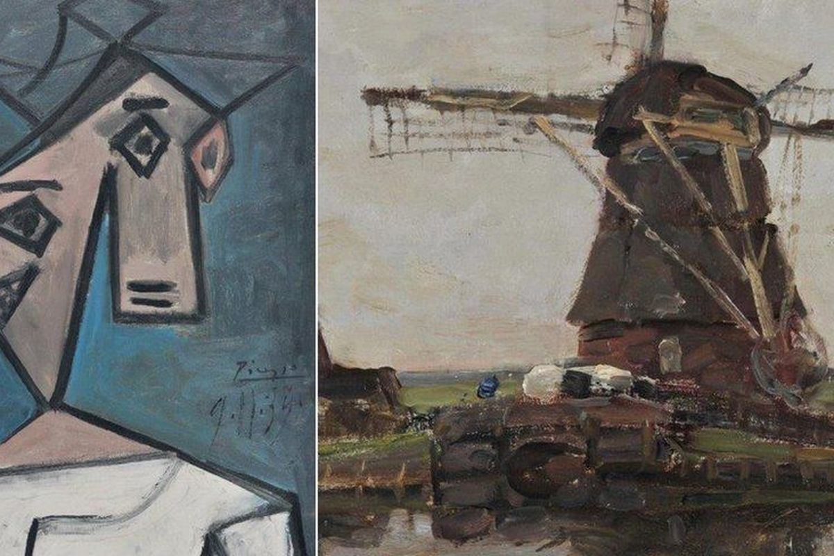 Lukisan Woman's Head karya Pablo Picasso (kiri) dan Windmill yang dibuat pelukis Belanda Piet Mondrian (kanan) ditemukan oleh polisi Yunani setelah sembilan tahun dicuri.